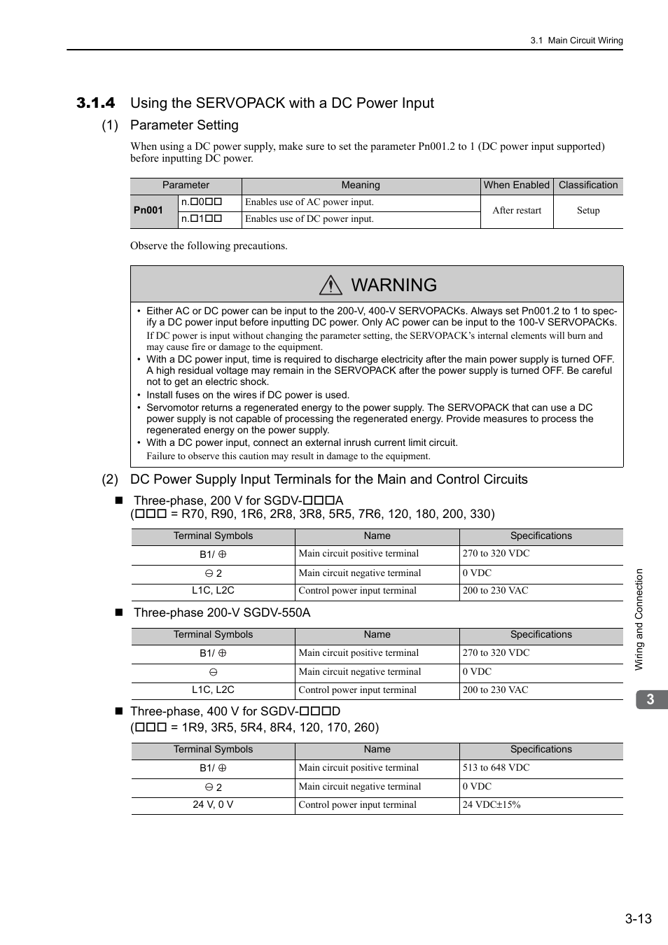 4 using the servopack with a dc power input, Warning, 1) parameter setting | Yaskawa Sigma-5 User Manual: Design and Maintenance - Linear Motors MECHATROLINK-III Communications Reference User Manual | Page 61 / 357