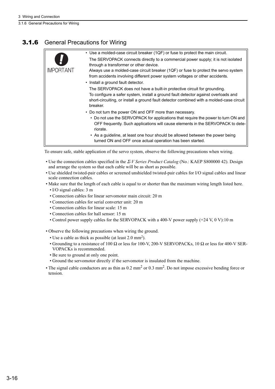 6 general precautions for wiring | Yaskawa Sigma-5 User Manual: Design and Maintenance - Linear Motors MECHATROLINK-III Communications Reference User Manual | Page 64 / 357