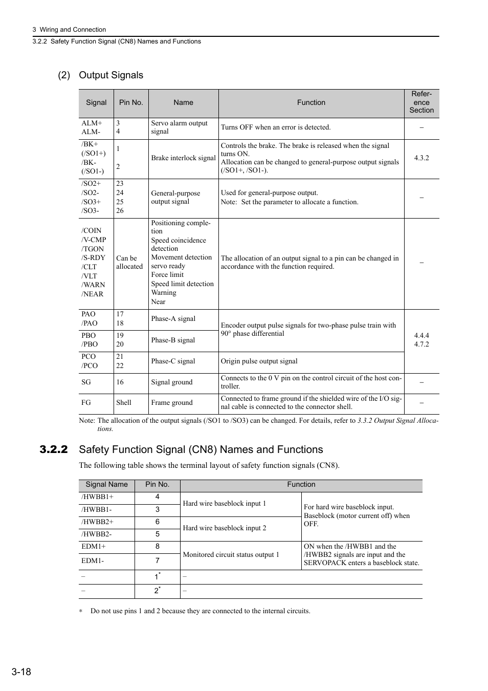 2 safety function signal (cn8) names and functions, 18 (2) output signals | Yaskawa Sigma-5 User Manual: Design and Maintenance - Linear Motors MECHATROLINK-III Communications Reference User Manual | Page 66 / 357