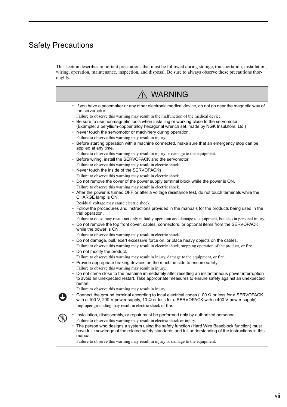 Safety precautions, Warning | Yaskawa Sigma-5 User Manual: Design and Maintenance - Linear Motors MECHATROLINK-III Communications Reference User Manual | Page 7 / 357