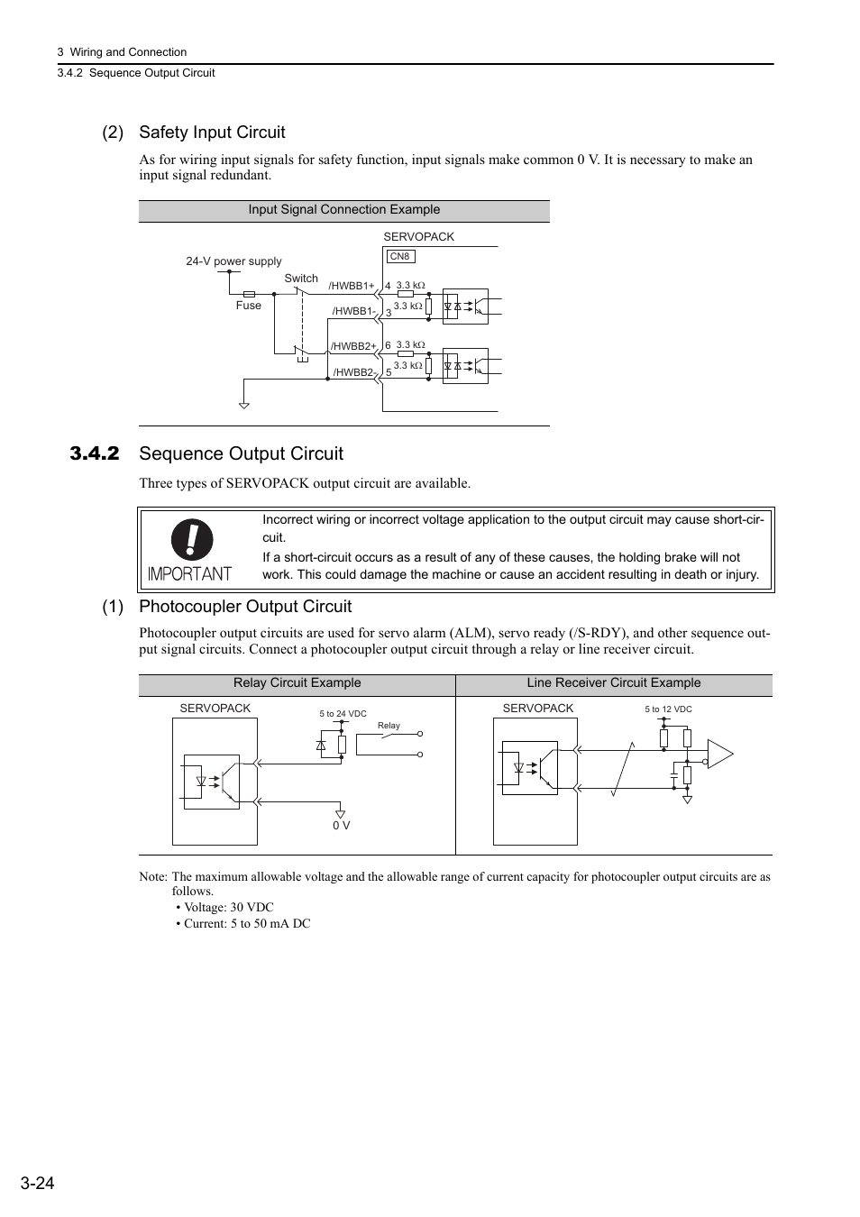 2 sequence output circuit, 24 (2) safety input circuit, 1) photocoupler output circuit | Yaskawa Sigma-5 User Manual: Design and Maintenance - Linear Motors MECHATROLINK-III Communications Reference User Manual | Page 72 / 357