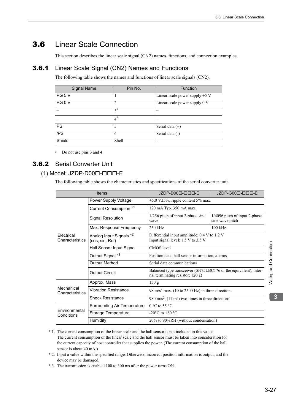 6 linear scale connection, 1 linear scale signal (cn2) names and functions, 2 serial converter unit | 1) model: jzdp-d00 - -e | Yaskawa Sigma-5 User Manual: Design and Maintenance - Linear Motors MECHATROLINK-III Communications Reference User Manual | Page 75 / 357