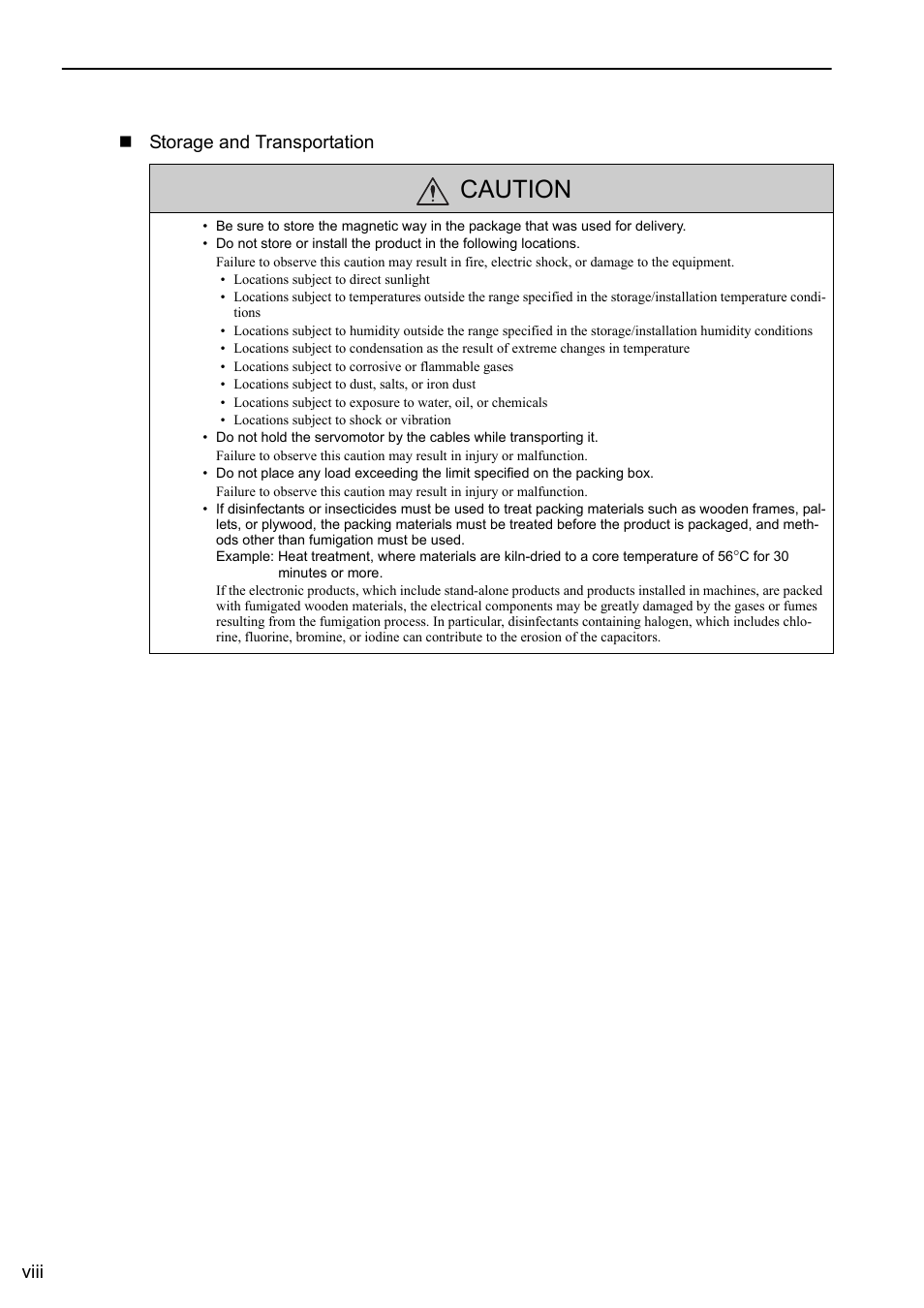 Caution, Viii storage and transportation | Yaskawa Sigma-5 User Manual: Design and Maintenance - Linear Motors MECHATROLINK-III Communications Reference User Manual | Page 8 / 357