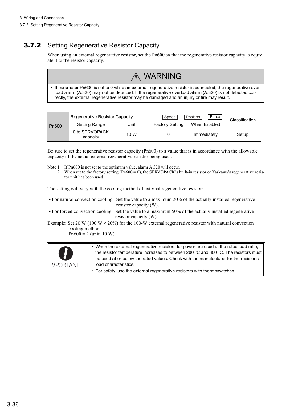 2 setting regenerative resistor capacity, Warning | Yaskawa Sigma-5 User Manual: Design and Maintenance - Linear Motors MECHATROLINK-III Communications Reference User Manual | Page 84 / 357