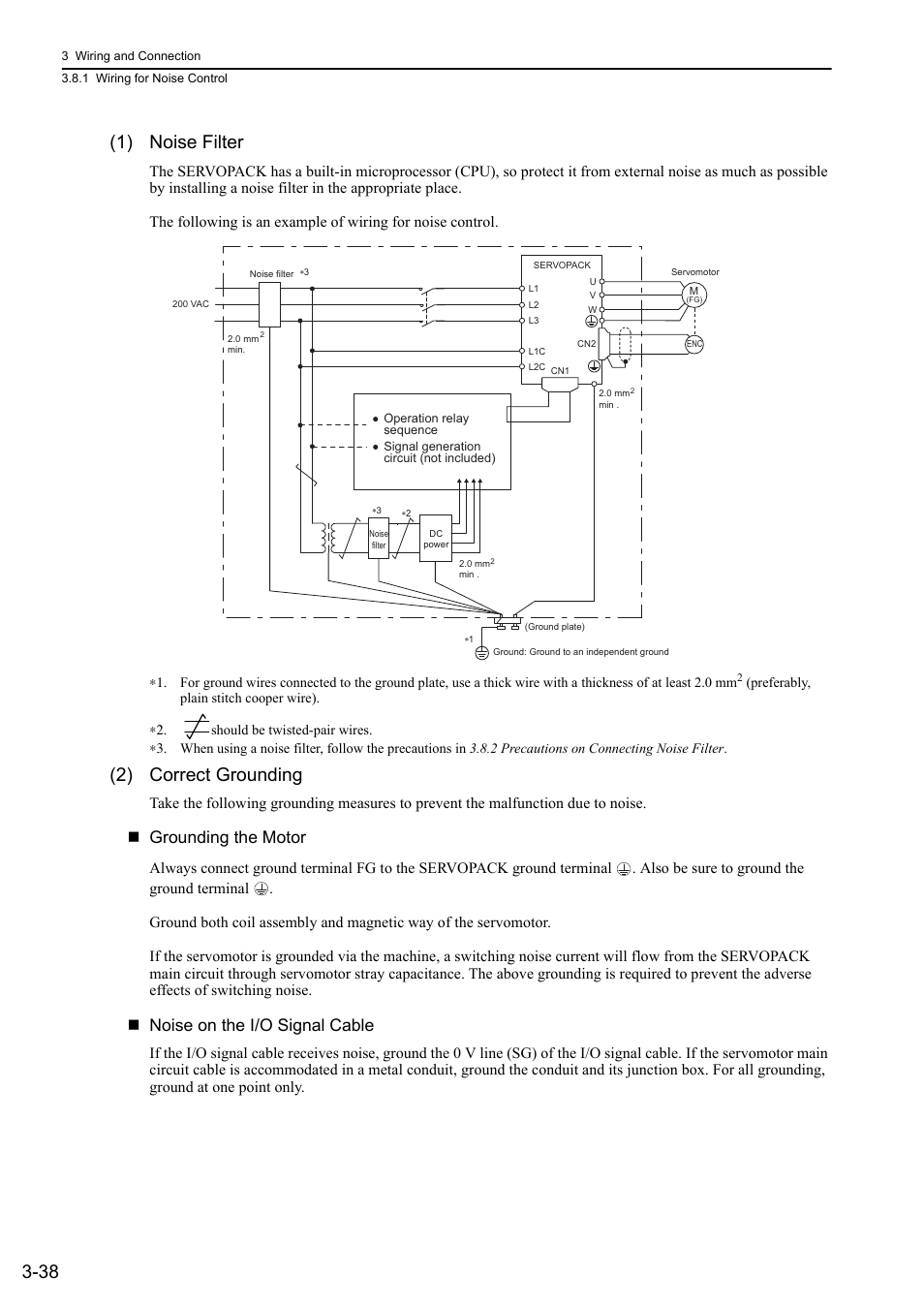 38 (1) noise filter, 2) correct grounding, Grounding the motor | Noise on the i/o signal cable | Yaskawa Sigma-5 User Manual: Design and Maintenance - Linear Motors MECHATROLINK-III Communications Reference User Manual | Page 86 / 357