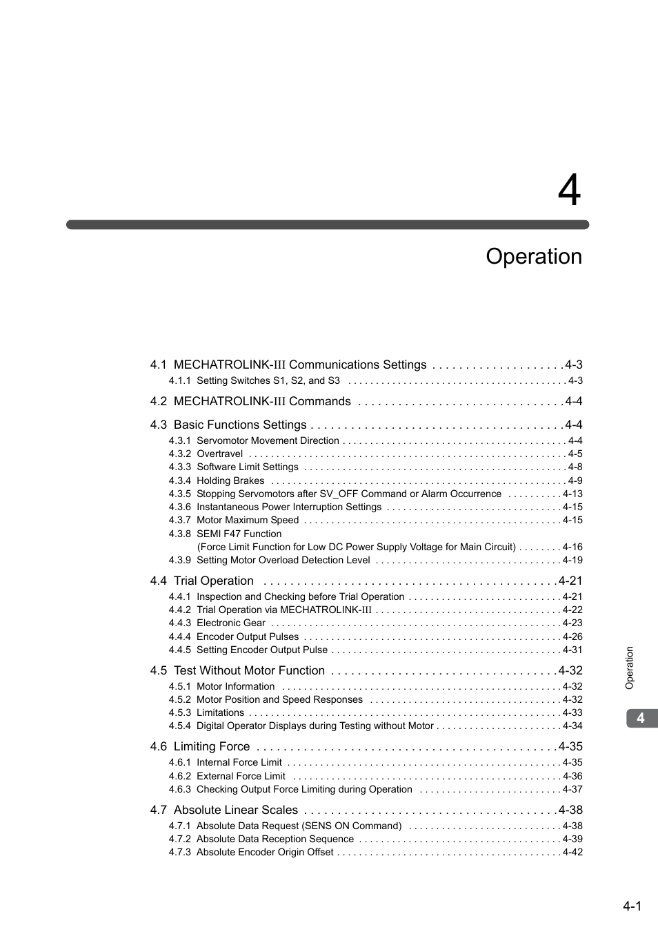 4 operation, Operation | Yaskawa Sigma-5 User Manual: Design and Maintenance - Linear Motors MECHATROLINK-III Communications Reference User Manual | Page 89 / 357