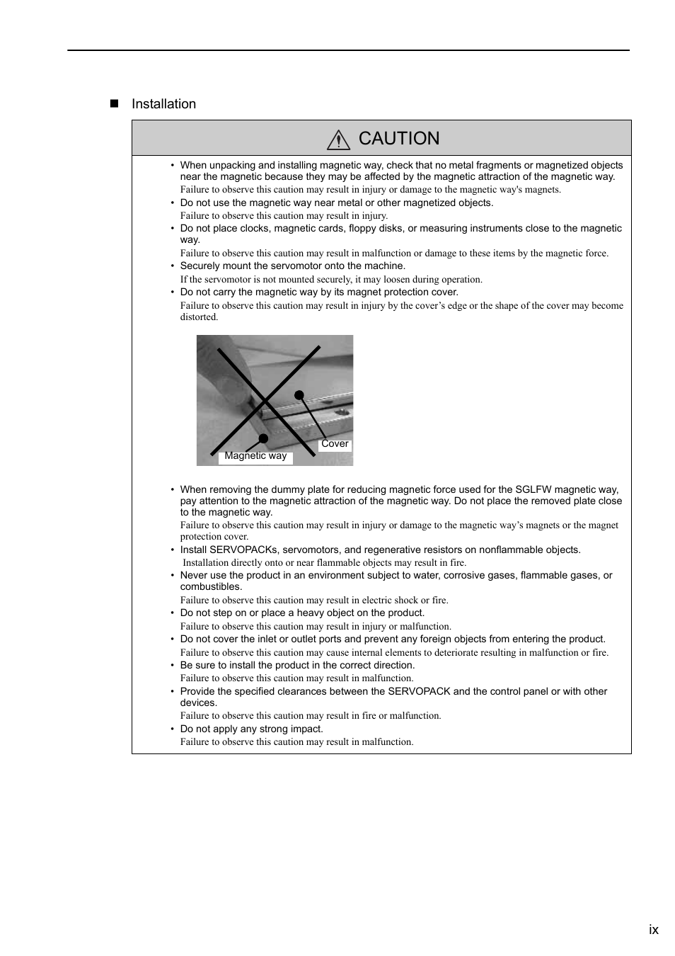 Caution, Ix installation, Linear | Yaskawa Sigma-5 User Manual: Design and Maintenance - Linear Motors MECHATROLINK-III Communications Reference User Manual | Page 9 / 357