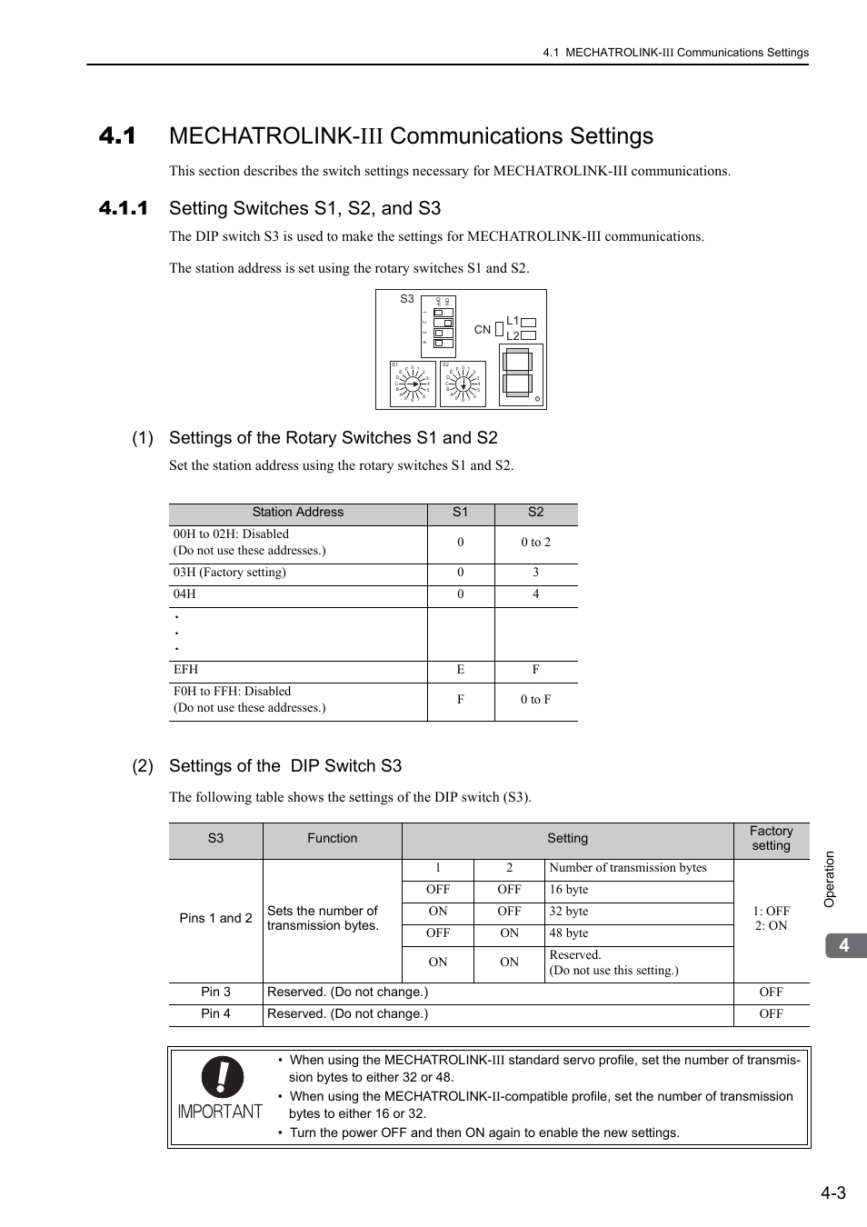 1 mechatrolink-iii communications settings, 1 setting switches s1, s2, and s3, 1) settings of the rotary switches s1 and s2 | 2) settings of the dip switch s3, M-iii | Yaskawa Sigma-5 User Manual: Design and Maintenance - Linear Motors MECHATROLINK-III Communications Reference User Manual | Page 91 / 357