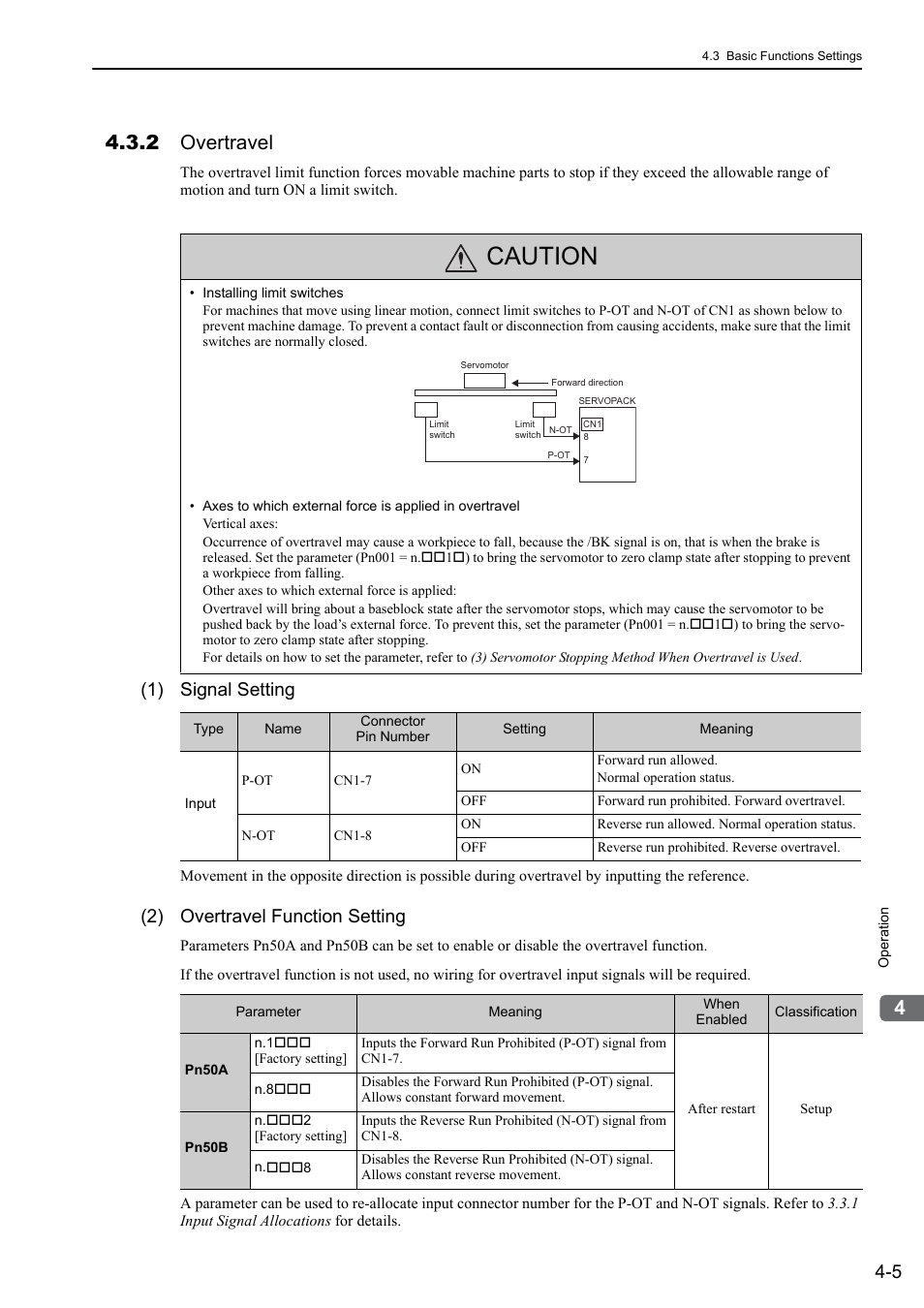 2 overtravel, Caution, 1) signal setting | 2) overtravel function setting, 48 and 65 | Yaskawa Sigma-5 User Manual: Design and Maintenance - Linear Motors MECHATROLINK-III Communications Reference User Manual | Page 93 / 357