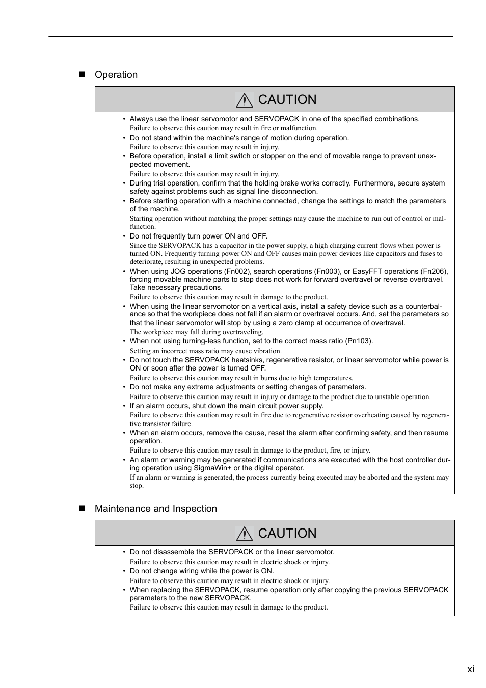 Caution, Xi  operation  maintenance and inspection | Yaskawa Sigma-5 User Manual: Design and Maintenance - Linear Motors User Manual | Page 11 / 318