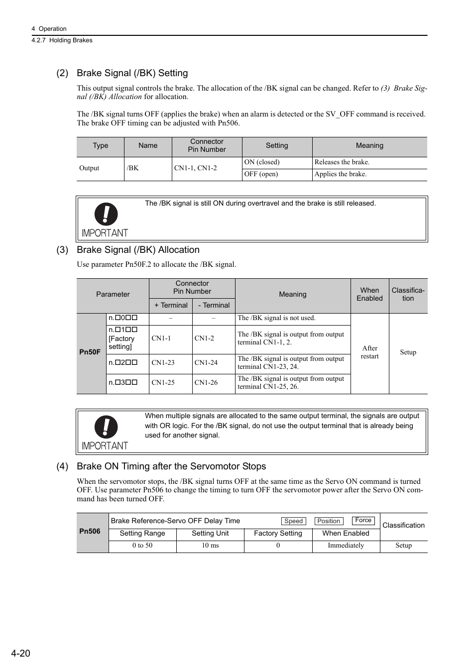 20 (2) brake signal (/bk) setting, 3) brake signal (/bk) allocation, 4) brake on timing after the servomotor stops | Yaskawa Sigma-5 User Manual: Design and Maintenance - Linear Motors User Manual | Page 110 / 318