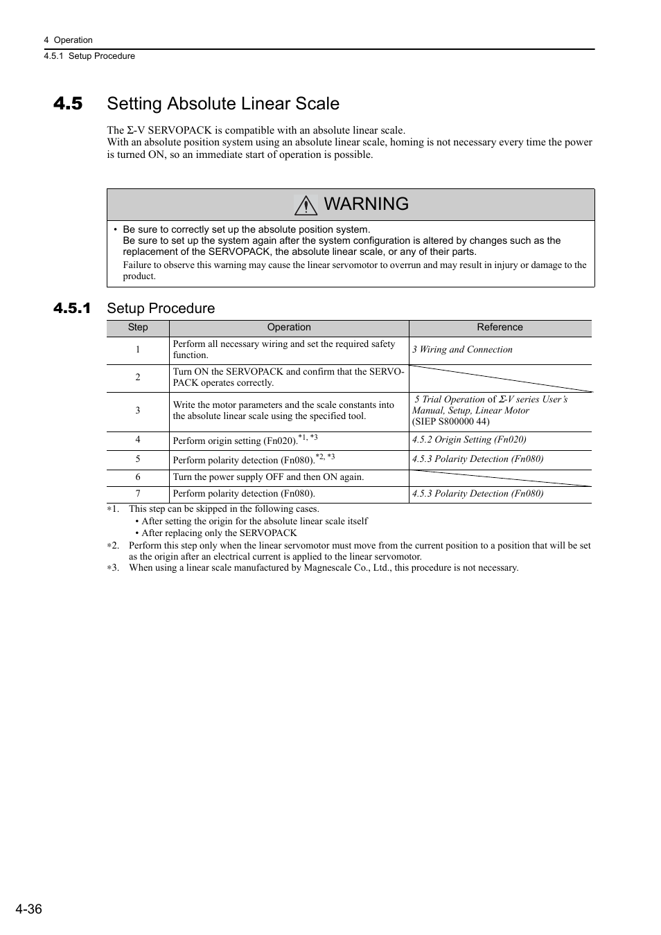 5 setting absolute linear scale, 1 setup procedure, Warning | Yaskawa Sigma-5 User Manual: Design and Maintenance - Linear Motors User Manual | Page 126 / 318