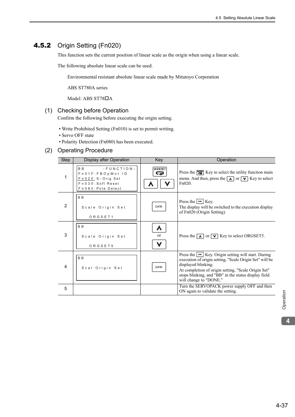 2 origin setting (fn020), 1) checking before operation, 2) operating procedure | Yaskawa Sigma-5 User Manual: Design and Maintenance - Linear Motors User Manual | Page 127 / 318