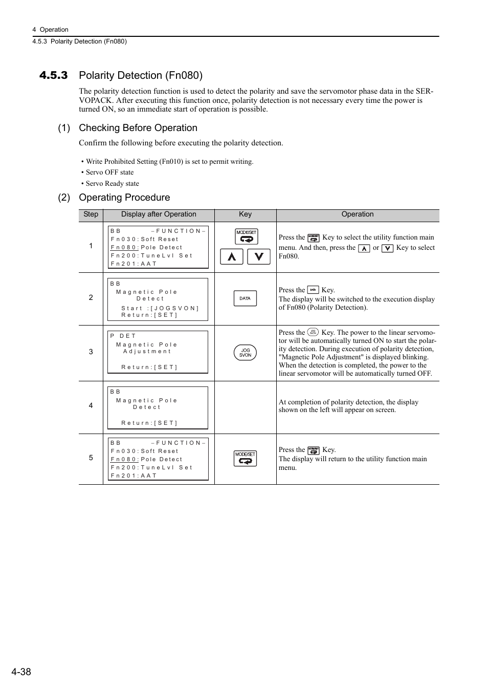 3 polarity detection (fn080), 1) checking before operation, 2) operating procedure | Yaskawa Sigma-5 User Manual: Design and Maintenance - Linear Motors User Manual | Page 128 / 318