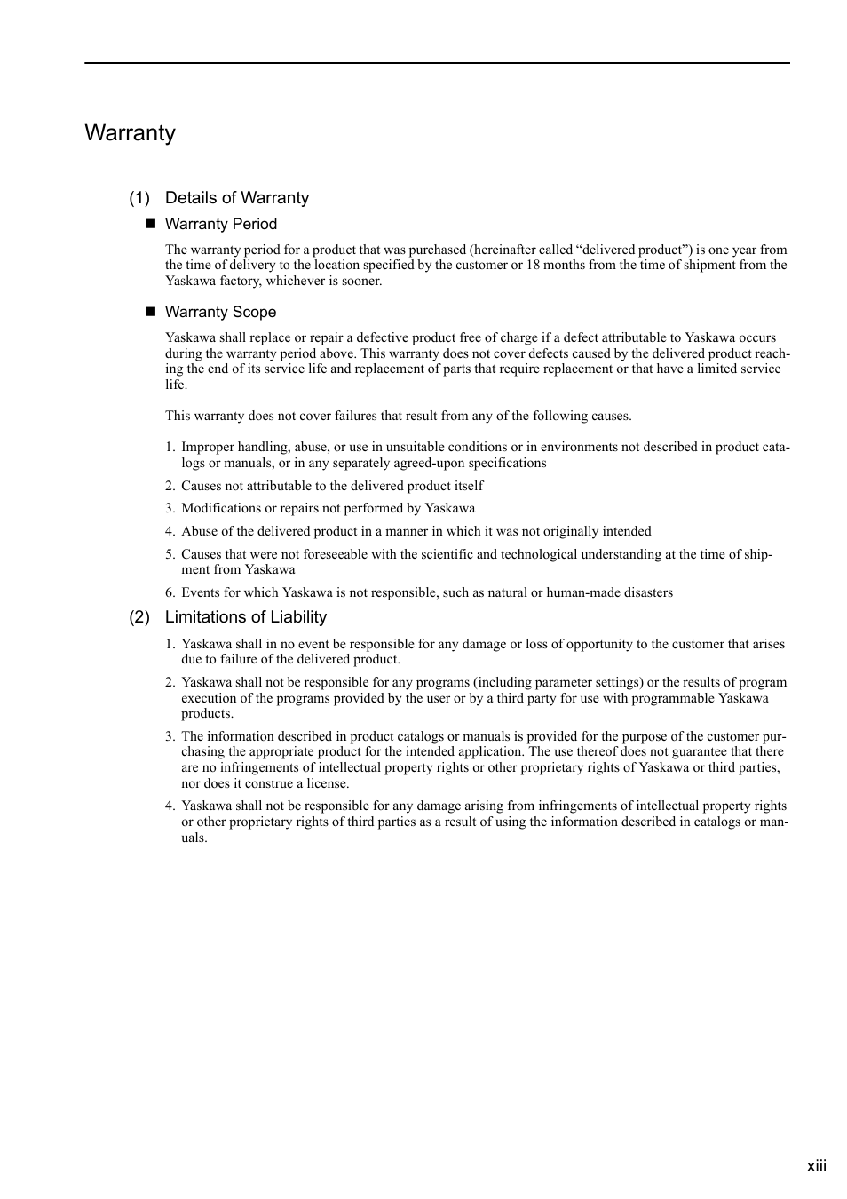 Warranty | Yaskawa Sigma-5 User Manual: Design and Maintenance - Linear Motors User Manual | Page 13 / 318