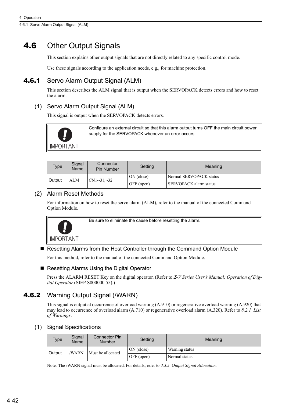 6 other output signals, 1 servo alarm output signal (alm), 2 warning output signal (/warn) | 1) servo alarm output signal (alm), 2) alarm reset methods, 1) signal specifications | Yaskawa Sigma-5 User Manual: Design and Maintenance - Linear Motors User Manual | Page 132 / 318