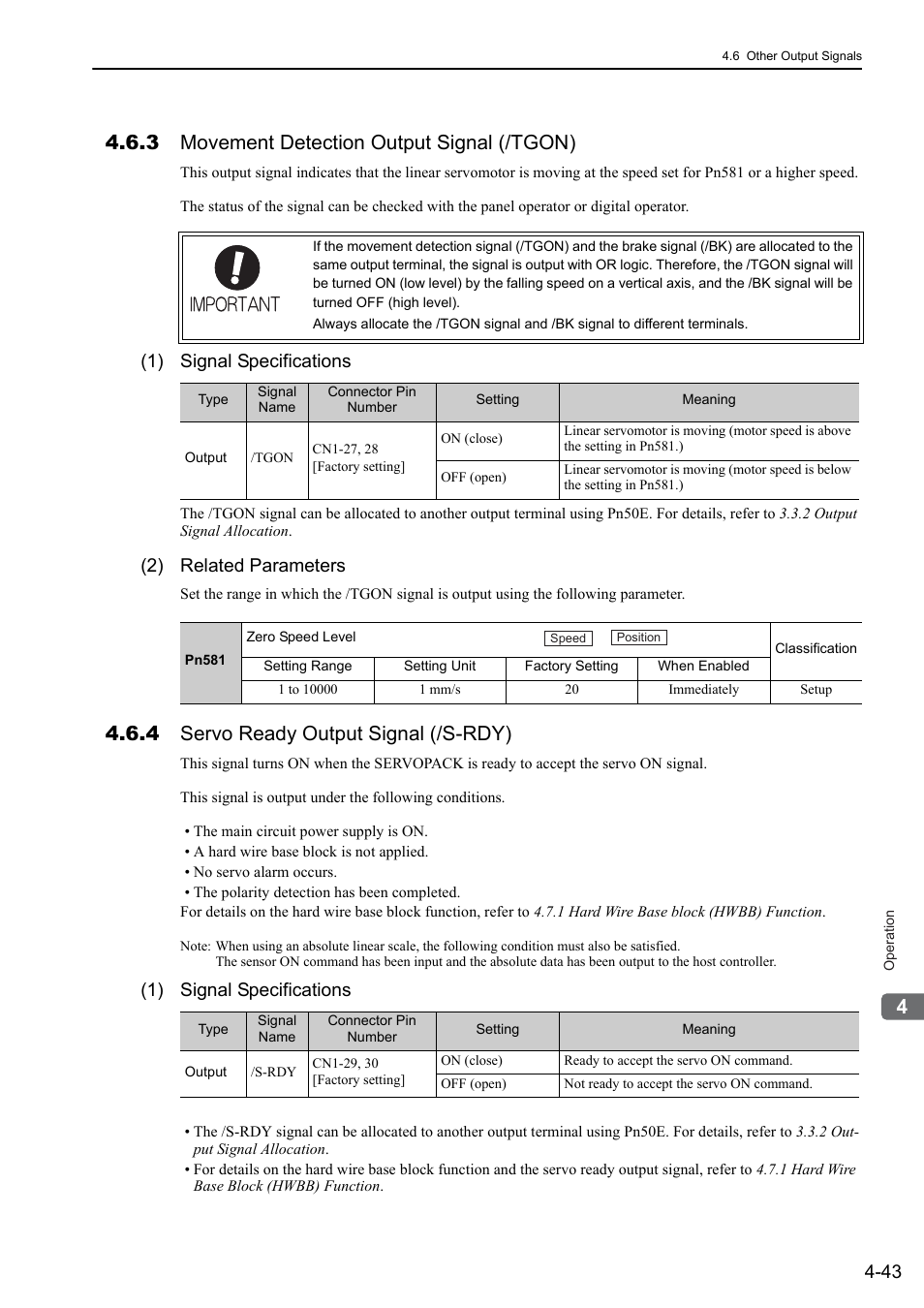 3 movement detection output signal (/tgon), 4 servo ready output signal (/s-rdy), 1) signal specifications | 2) related parameters | Yaskawa Sigma-5 User Manual: Design and Maintenance - Linear Motors User Manual | Page 133 / 318