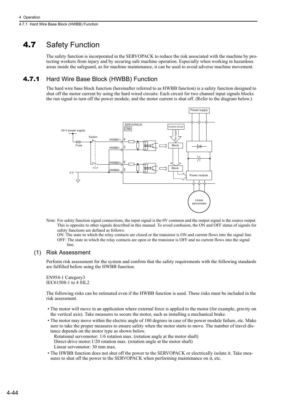 7 safety function, 1 hard wire base block (hwbb) function, 1) risk assessment | Yaskawa Sigma-5 User Manual: Design and Maintenance - Linear Motors User Manual | Page 134 / 318