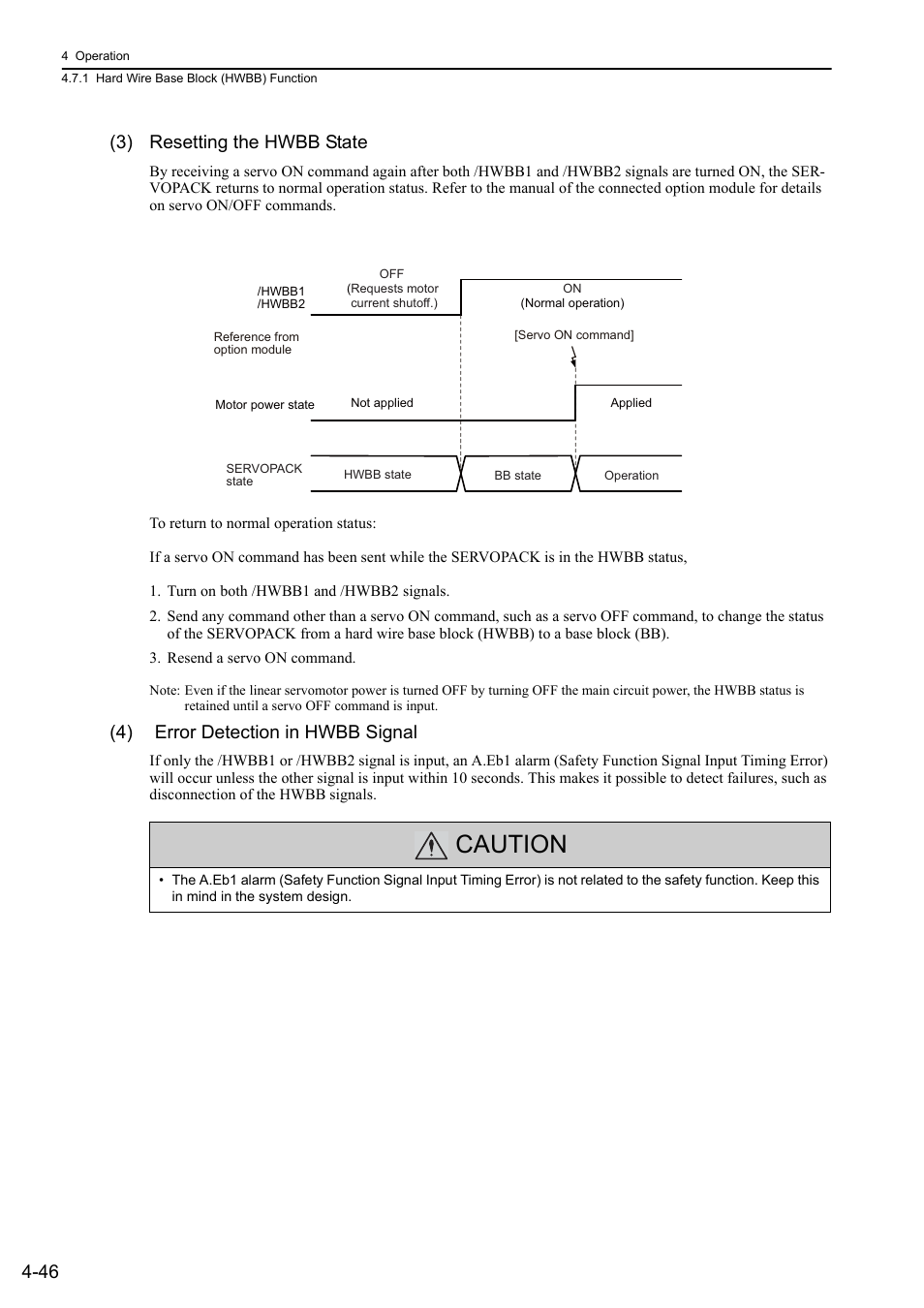 Caution, 46 (3) resetting the hwbb state, 4) error detection in hwbb signal | Yaskawa Sigma-5 User Manual: Design and Maintenance - Linear Motors User Manual | Page 136 / 318