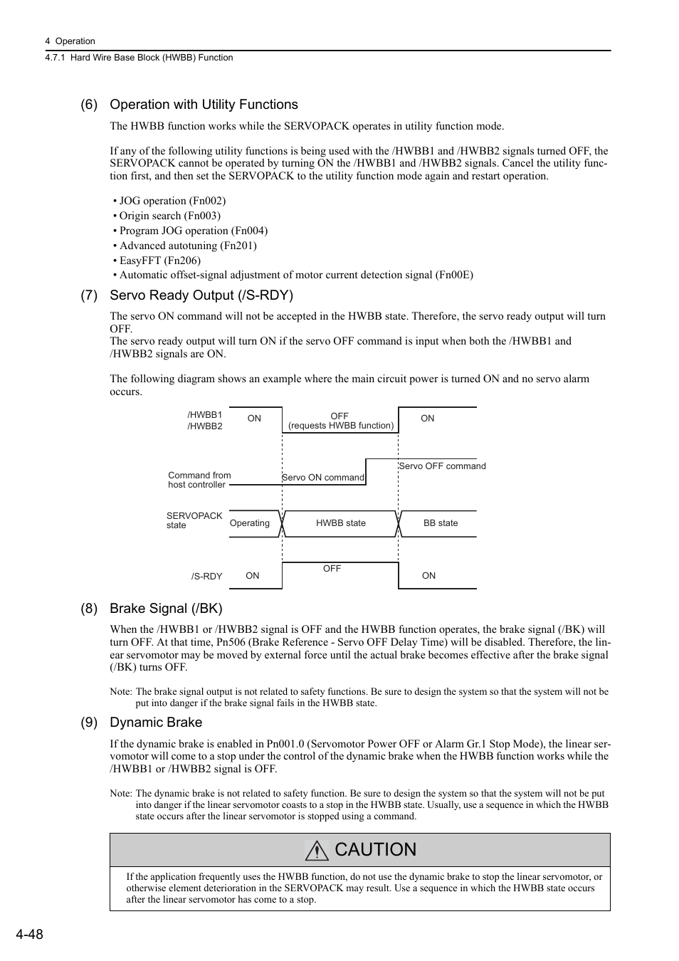 Caution, 48 (6) operation with utility functions, 7) servo ready output (/s-rdy) | 8) brake signal (/bk), 9) dynamic brake | Yaskawa Sigma-5 User Manual: Design and Maintenance - Linear Motors User Manual | Page 138 / 318