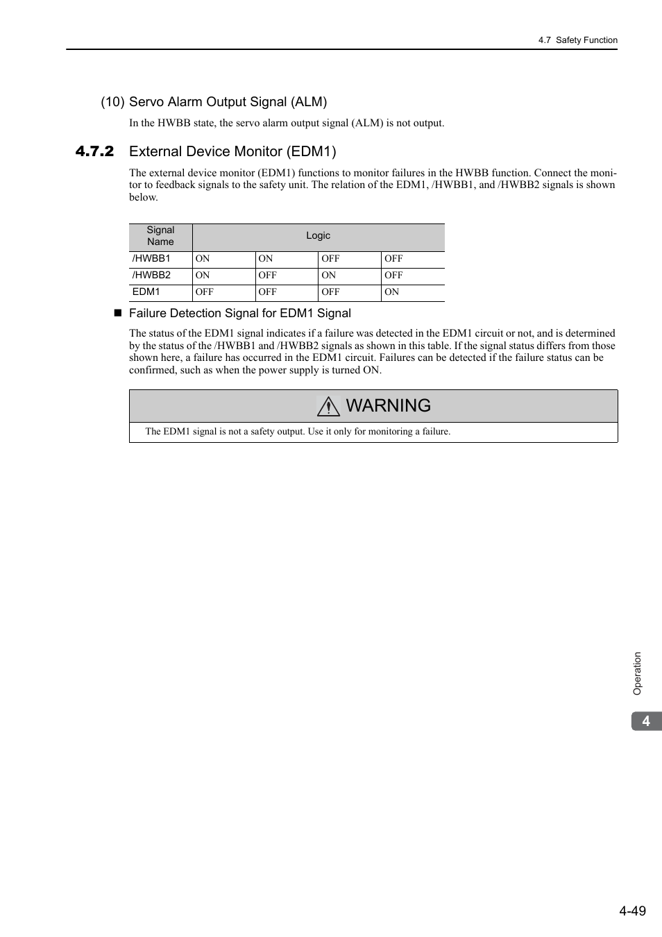 2 external device monitor (edm1), Warning, 10) servo alarm output signal (alm) | Yaskawa Sigma-5 User Manual: Design and Maintenance - Linear Motors User Manual | Page 139 / 318