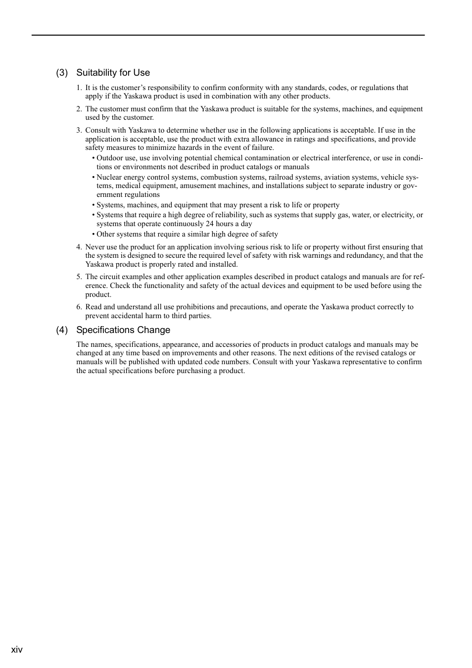 Xiv (3) suitability for use, 4) specifications change | Yaskawa Sigma-5 User Manual: Design and Maintenance - Linear Motors User Manual | Page 14 / 318