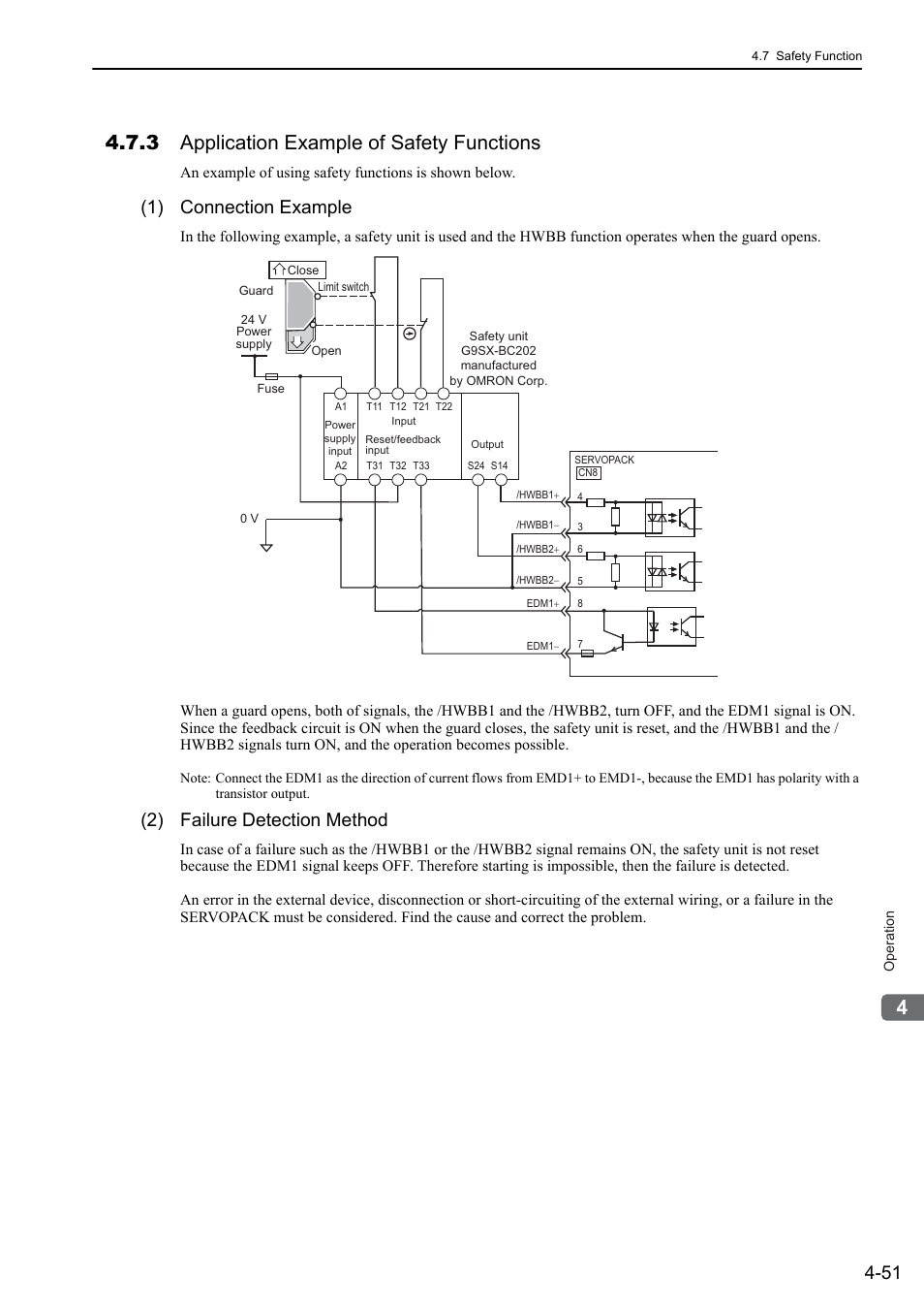 3 application example of safety functions, 1) connection example, 2) failure detection method | Yaskawa Sigma-5 User Manual: Design and Maintenance - Linear Motors User Manual | Page 141 / 318