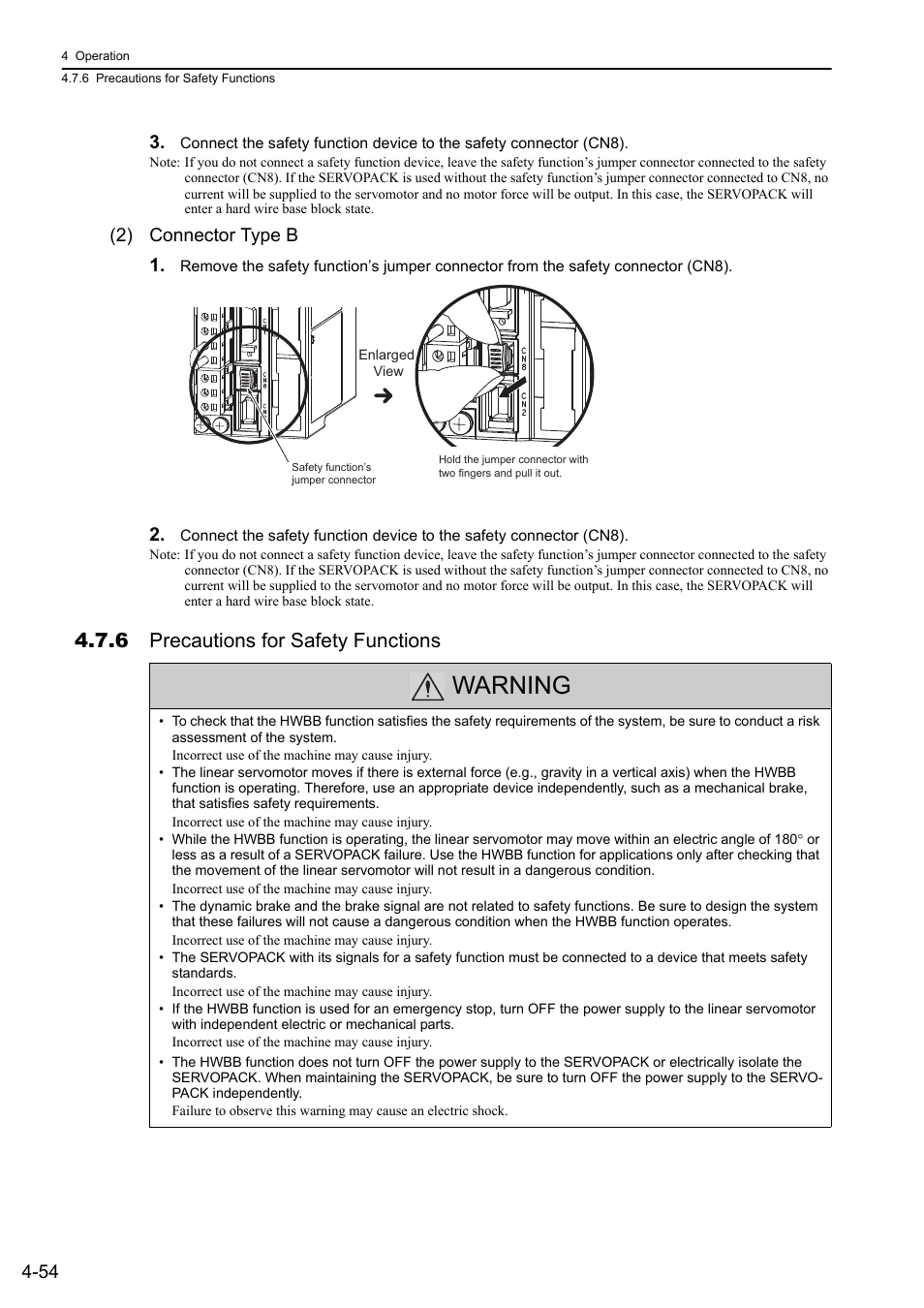 6 precautions for safety functions, Warning, 2) connector type b 1 | Yaskawa Sigma-5 User Manual: Design and Maintenance - Linear Motors User Manual | Page 144 / 318