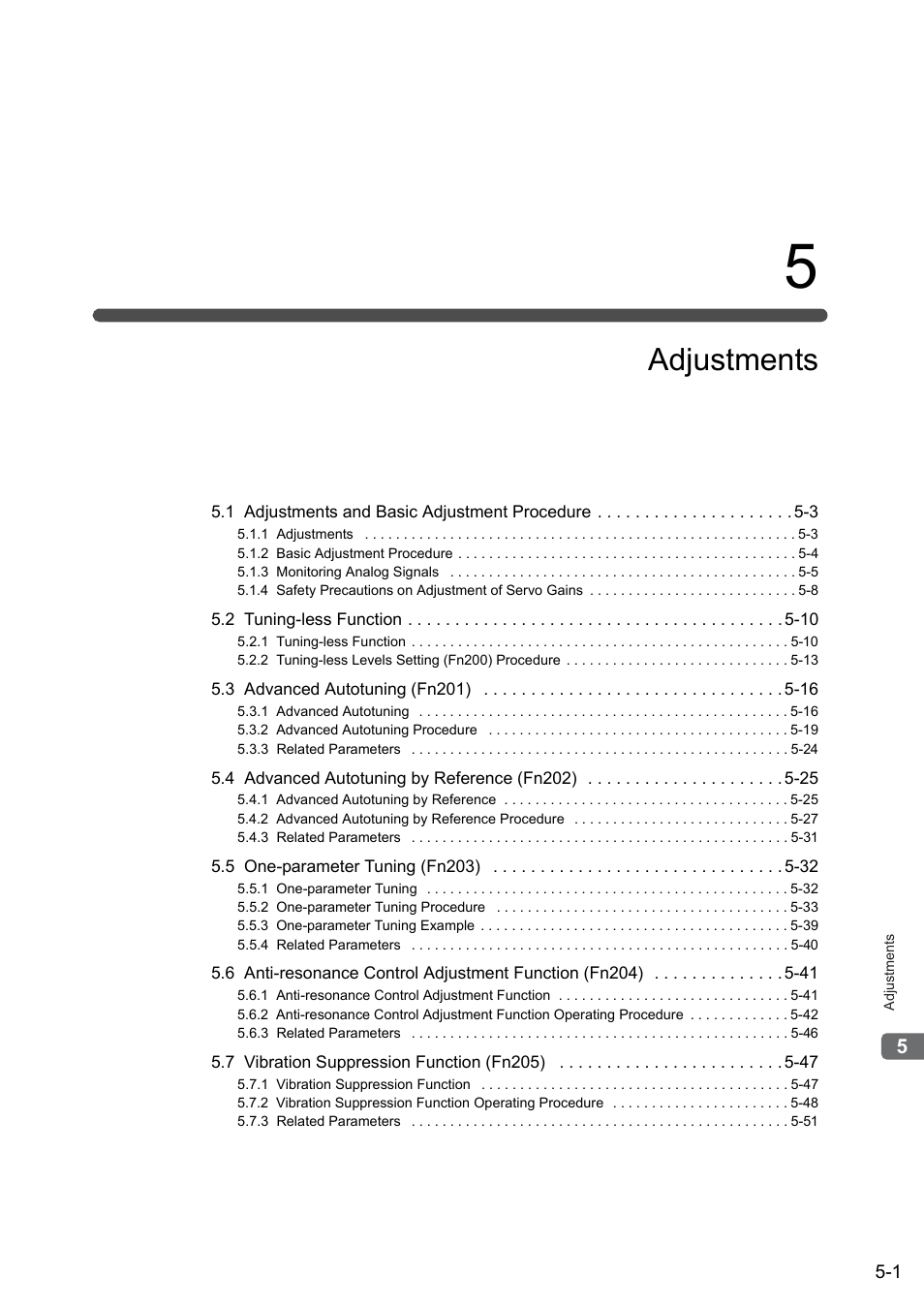 5 adjustments, Adjustments | Yaskawa Sigma-5 User Manual: Design and Maintenance - Linear Motors User Manual | Page 145 / 318