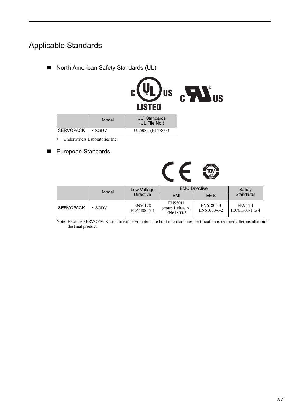 Applicable standards, North american safety standards (ul), European standards | Yaskawa Sigma-5 User Manual: Design and Maintenance - Linear Motors User Manual | Page 15 / 318
