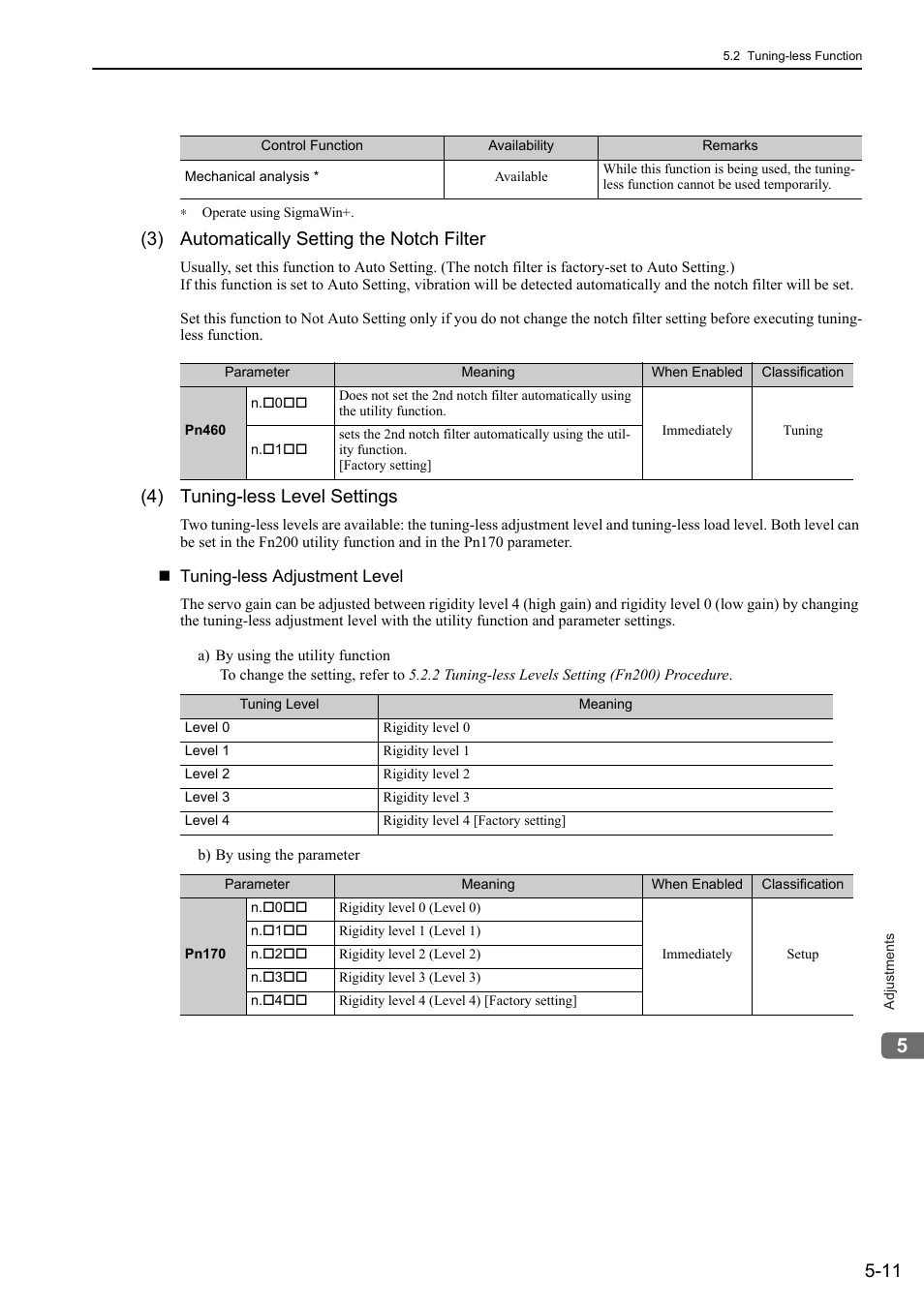 3) automatically setting the notch filter, 4) tuning-less level settings | Yaskawa Sigma-5 User Manual: Design and Maintenance - Linear Motors User Manual | Page 155 / 318