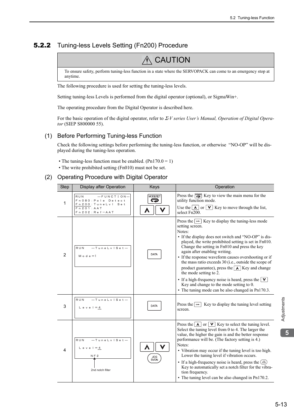 2 tuning-less levels setting (fn200) procedure, Caution, 1) before performing tuning-less function | 2) operating procedure with digital operator | Yaskawa Sigma-5 User Manual: Design and Maintenance - Linear Motors User Manual | Page 157 / 318