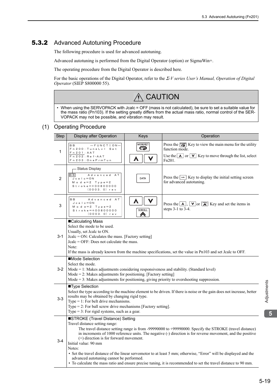 2 advanced autotuning procedure, Caution, 1) operating procedure | Yaskawa Sigma-5 User Manual: Design and Maintenance - Linear Motors User Manual | Page 163 / 318