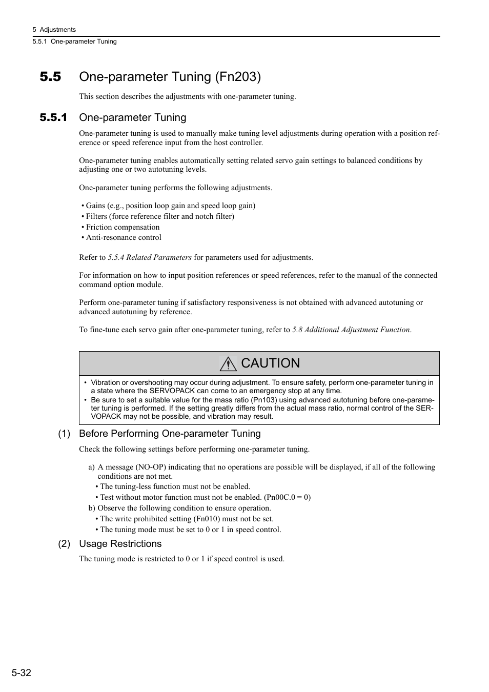 5 one-parameter tuning (fn203), 1 one-parameter tuning, Caution | Yaskawa Sigma-5 User Manual: Design and Maintenance - Linear Motors User Manual | Page 176 / 318
