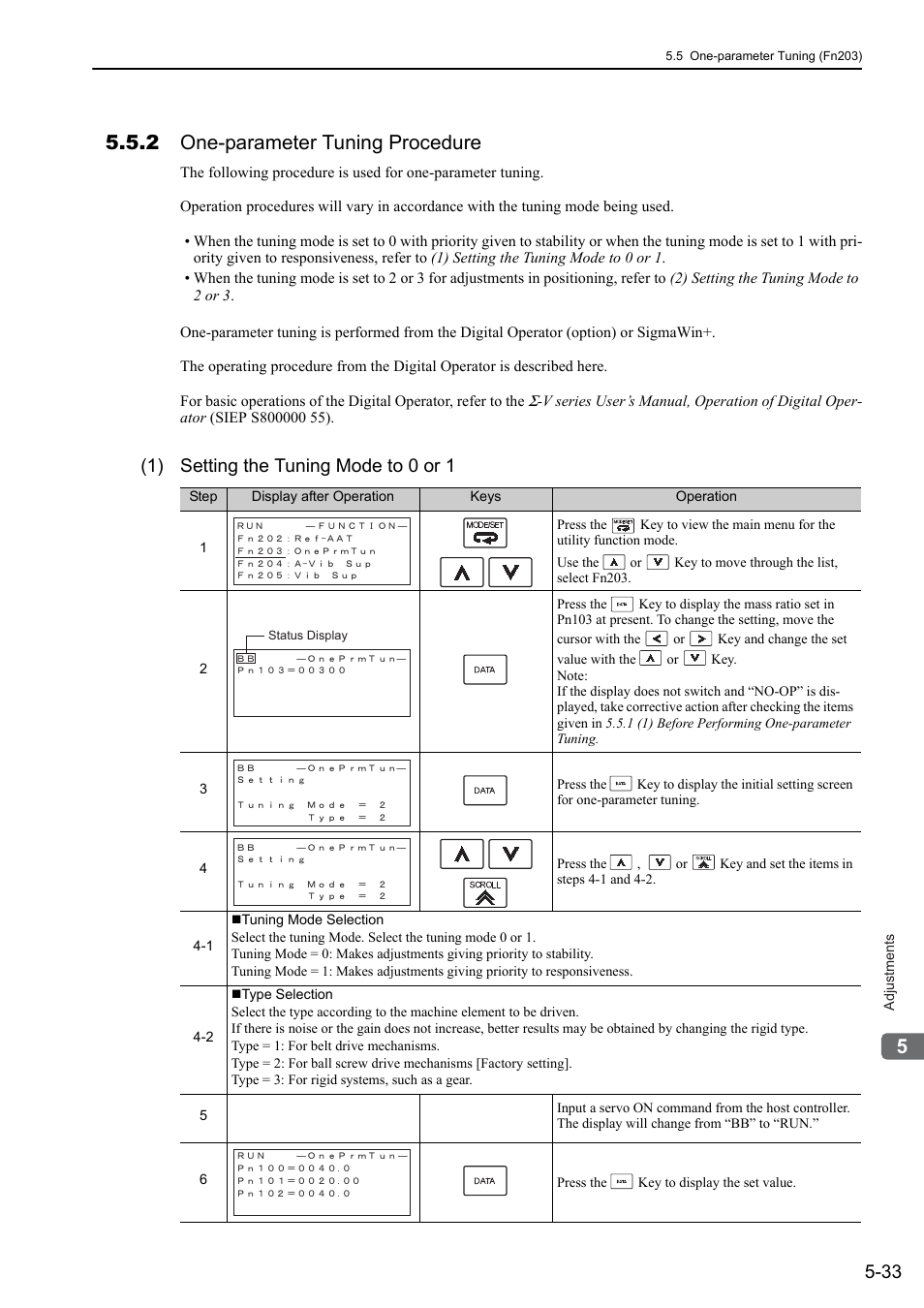 2 one-parameter tuning procedure, 1) setting the tuning mode to 0 or 1 | Yaskawa Sigma-5 User Manual: Design and Maintenance - Linear Motors User Manual | Page 177 / 318