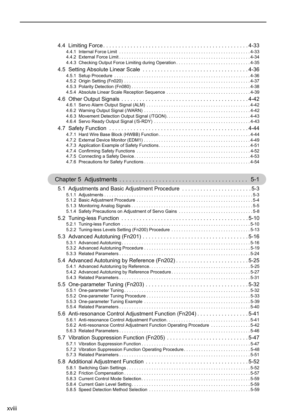 Xviii, Chapter 5 adjustments -1 | Yaskawa Sigma-5 User Manual: Design and Maintenance - Linear Motors User Manual | Page 18 / 318