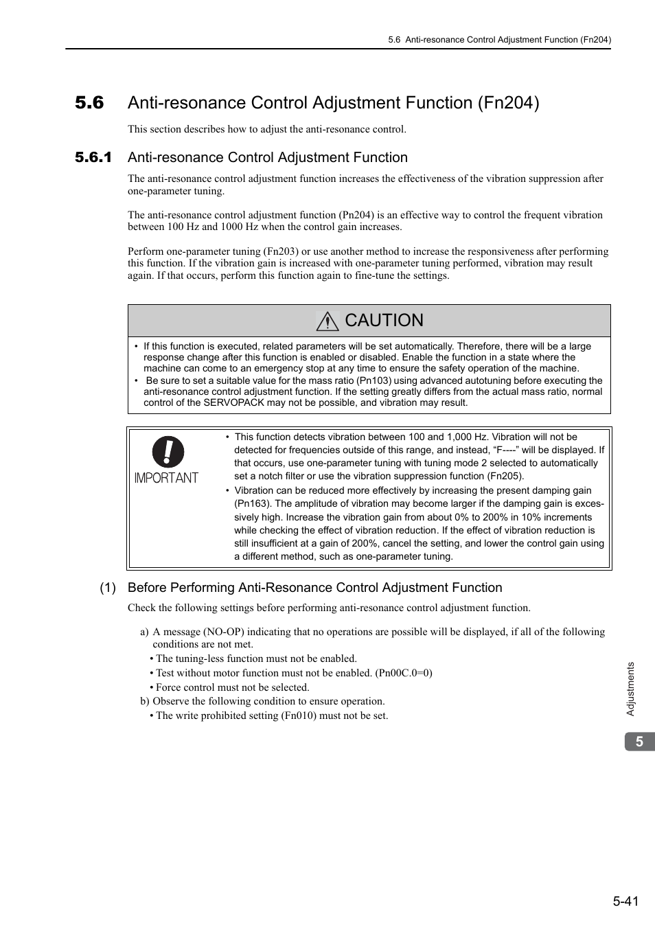 1 anti-resonance control adjustment function, Caution | Yaskawa Sigma-5 User Manual: Design and Maintenance - Linear Motors User Manual | Page 185 / 318
