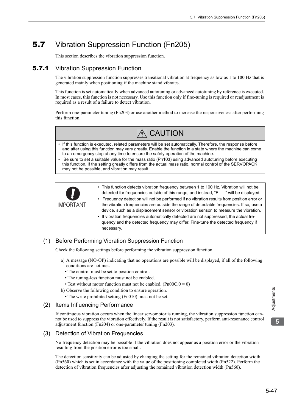 7 vibration suppression function (fn205), 1 vibration suppression function, Caution | Yaskawa Sigma-5 User Manual: Design and Maintenance - Linear Motors User Manual | Page 191 / 318