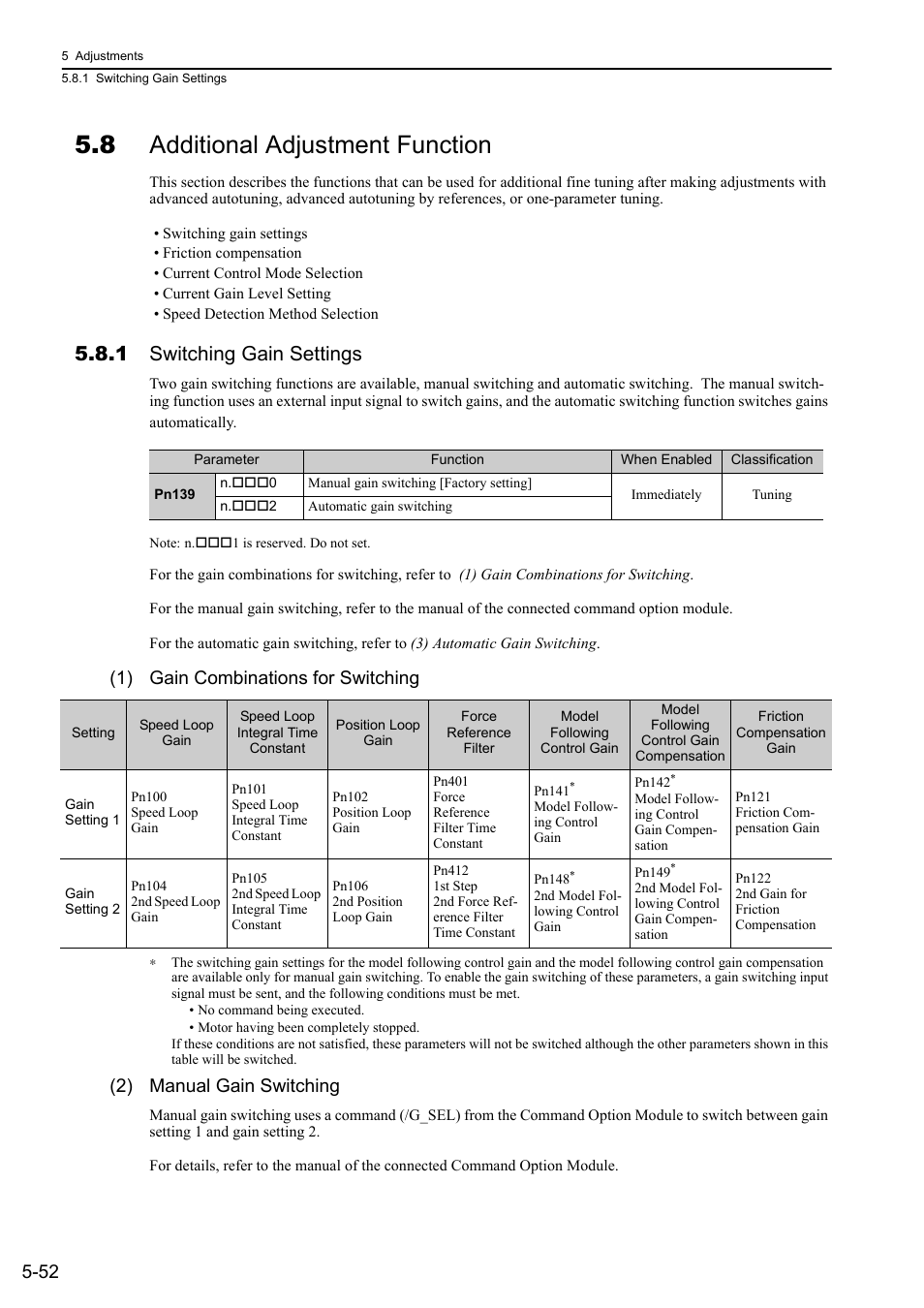 8 additional adjustment function, 1 switching gain settings, 1) gain combinations for switching | 2) manual gain switching | Yaskawa Sigma-5 User Manual: Design and Maintenance - Linear Motors User Manual | Page 196 / 318