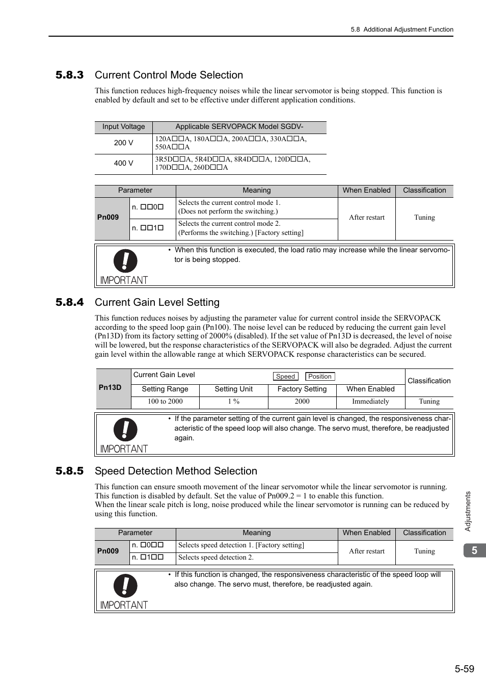 3 current control mode selection, 4 current gain level setting, 5 speed detection method selection | Yaskawa Sigma-5 User Manual: Design and Maintenance - Linear Motors User Manual | Page 203 / 318