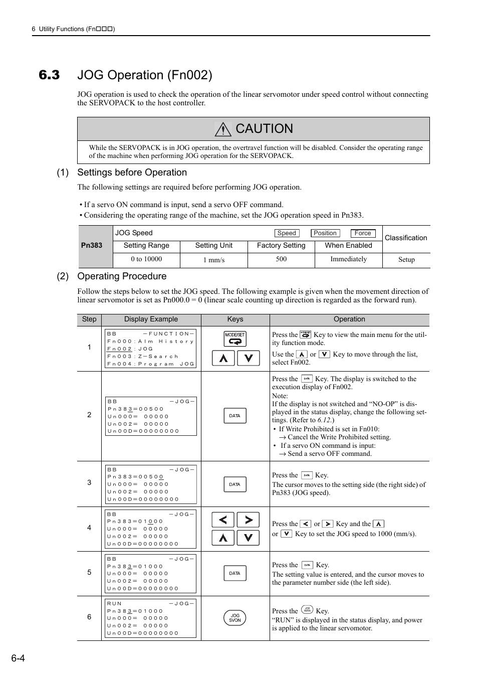 3 jog operation (fn002), Caution, 1) settings before operation | 2) operating procedure | Yaskawa Sigma-5 User Manual: Design and Maintenance - Linear Motors User Manual | Page 215 / 318