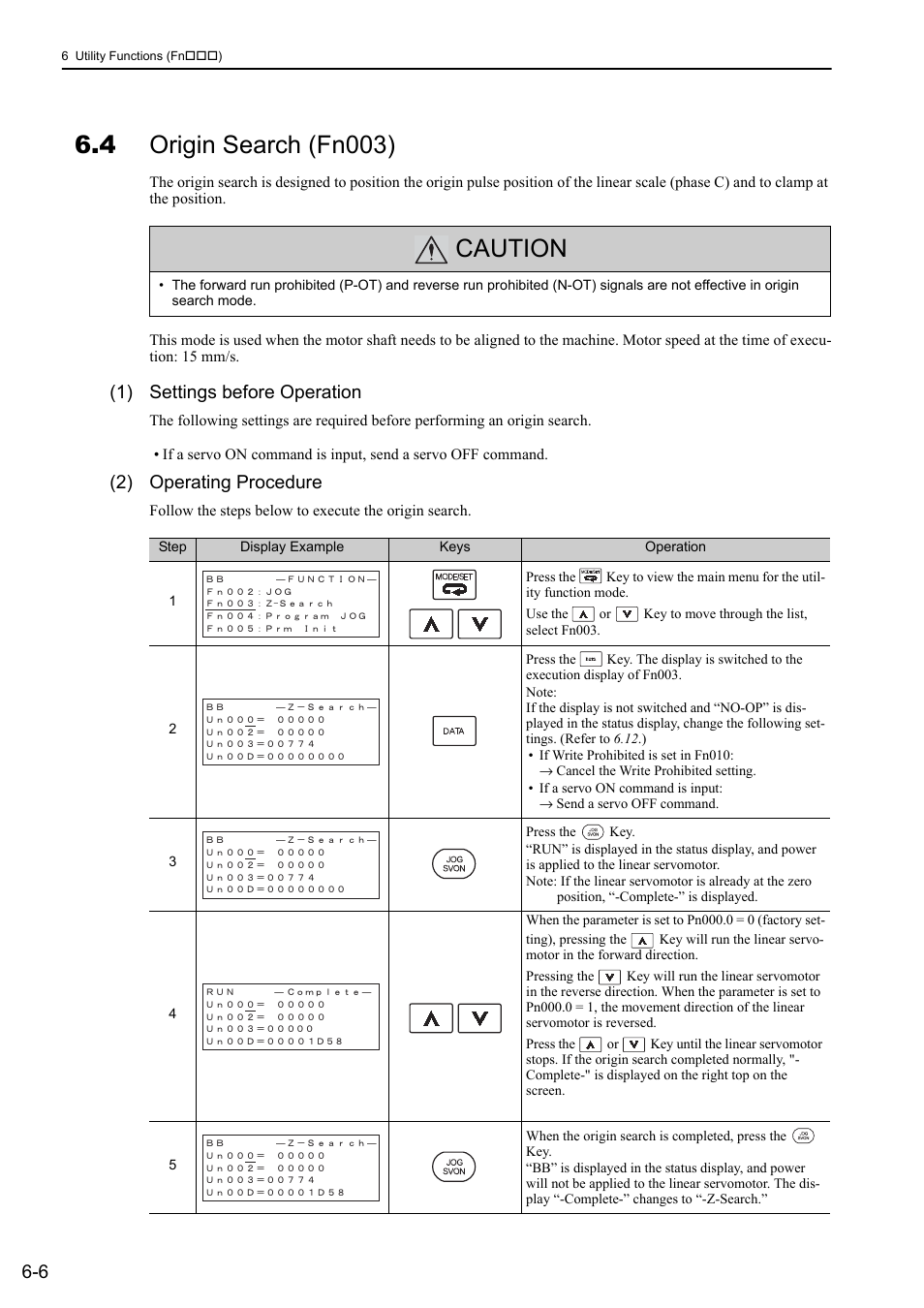 4 origin search (fn003), Caution, 1) settings before operation | 2) operating procedure | Yaskawa Sigma-5 User Manual: Design and Maintenance - Linear Motors User Manual | Page 217 / 318