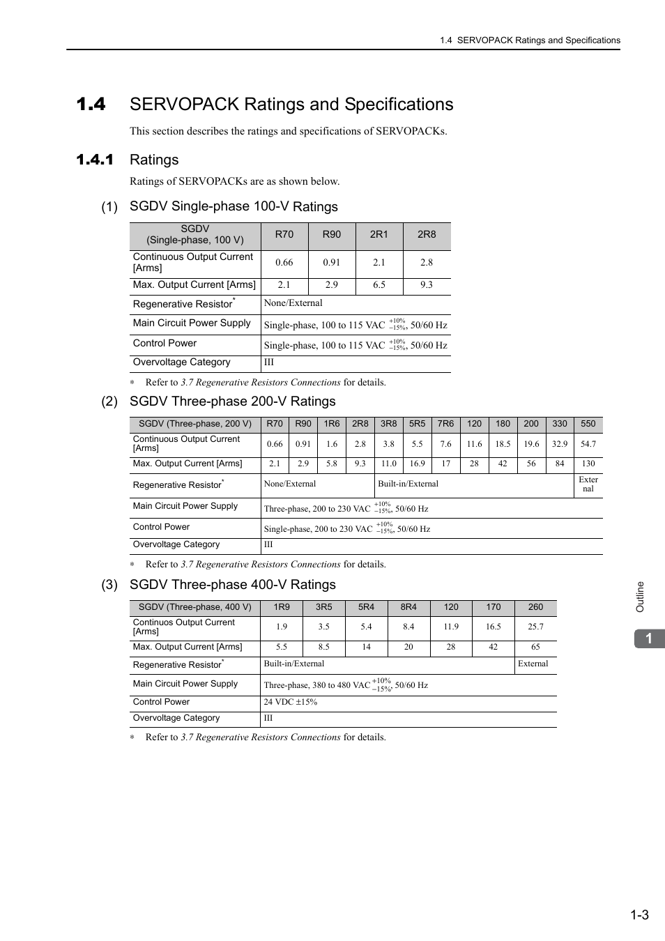 4 servopack ratings and specifications, 1 ratings, 1) sgdv single-phase 100-v ratings | 2) sgdv three-phase 200-v ratings, 3) sgdv three-phase 400-v ratings | Yaskawa Sigma-5 User Manual: Design and Maintenance - Linear Motors User Manual | Page 23 / 318