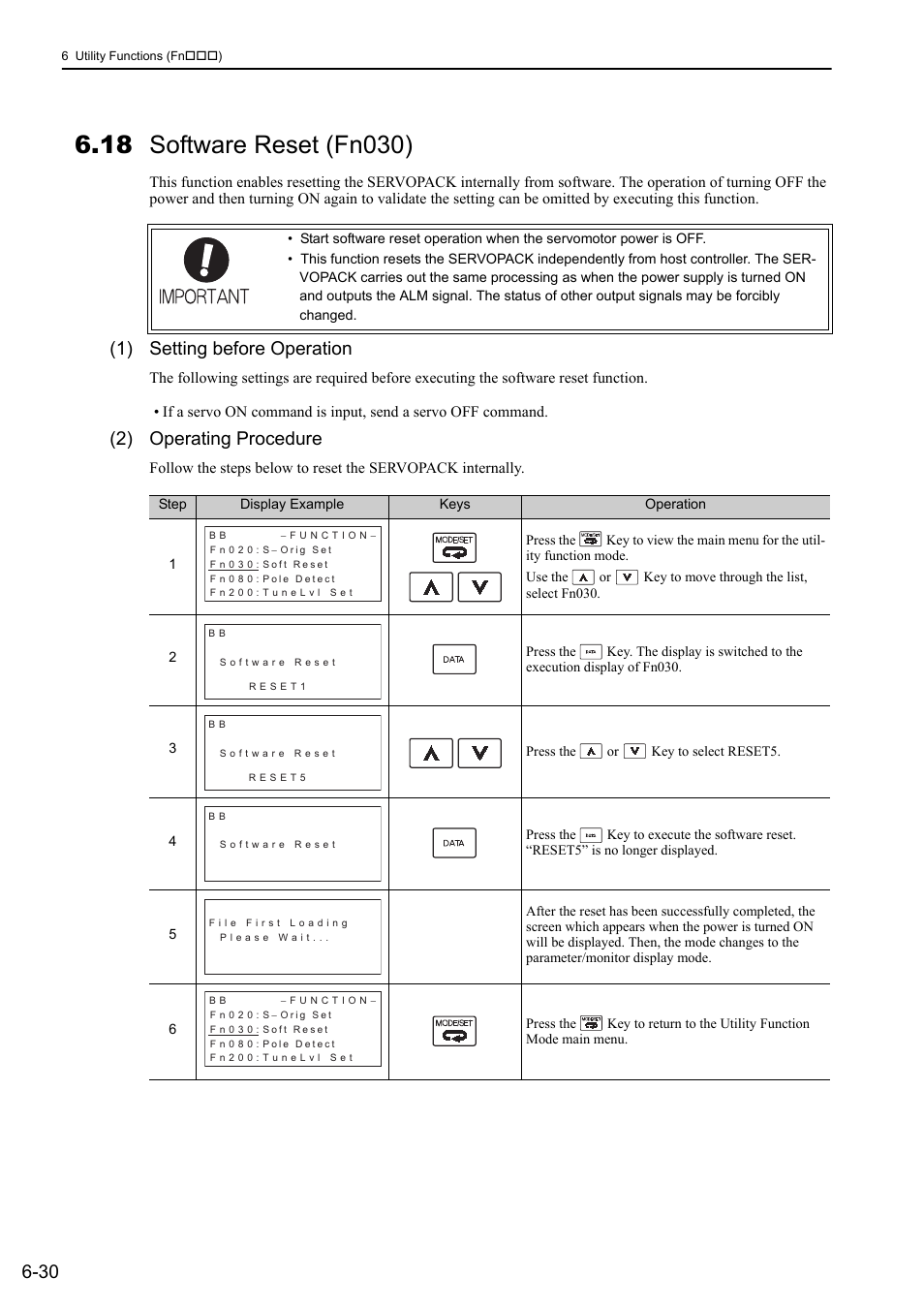 18 software reset (fn030), 1) setting before operation, 2) operating procedure | Yaskawa Sigma-5 User Manual: Design and Maintenance - Linear Motors User Manual | Page 241 / 318
