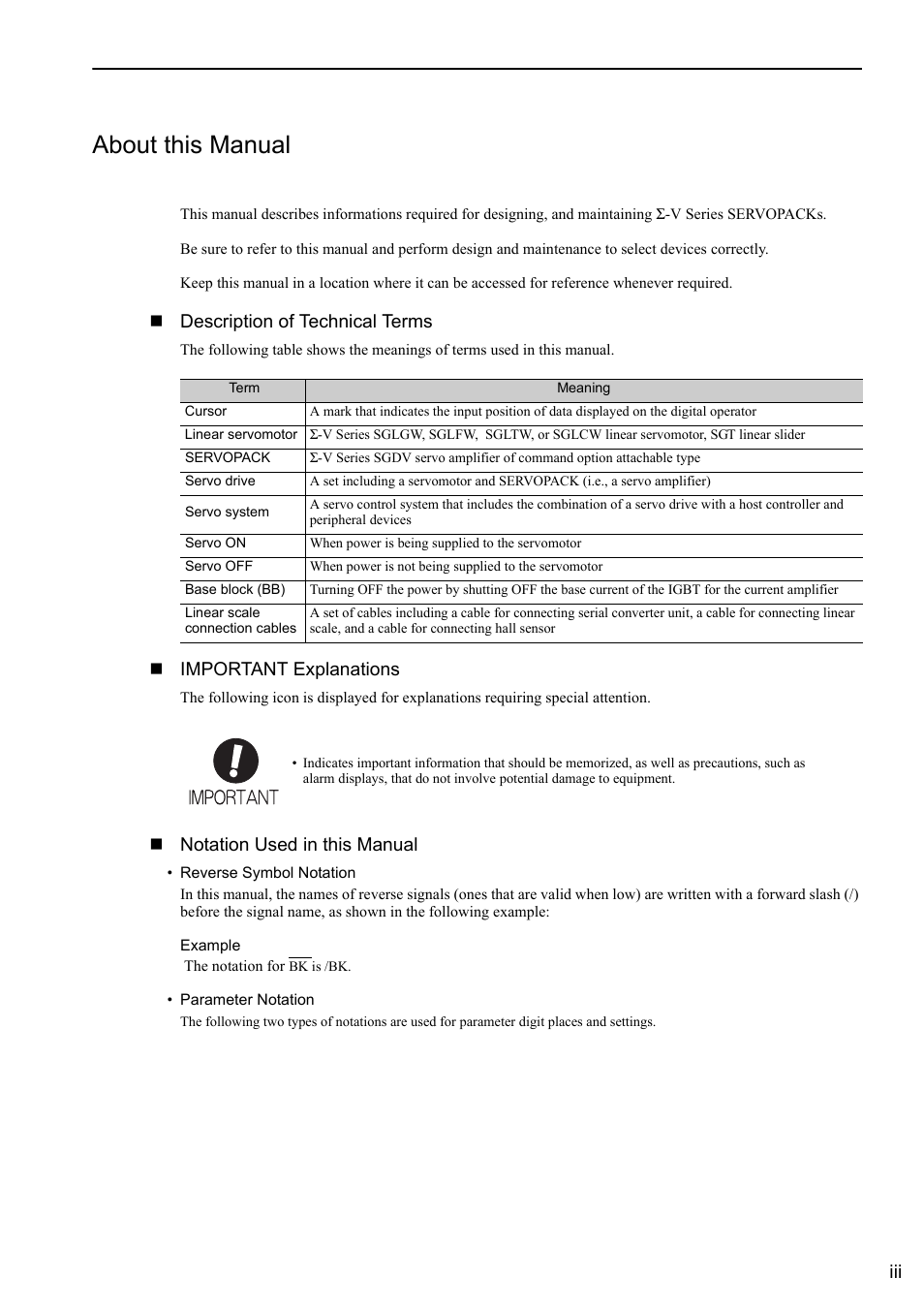 About this manual, Description of technical terms, Important explanations | Notation used in this manual | Yaskawa Sigma-5 User Manual: Design and Maintenance - Linear Motors User Manual | Page 3 / 318