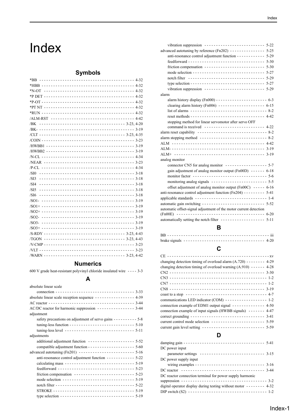 Index, Symbols, Numerics | Index-1 | Yaskawa Sigma-5 User Manual: Design and Maintenance - Linear Motors User Manual | Page 314 / 318