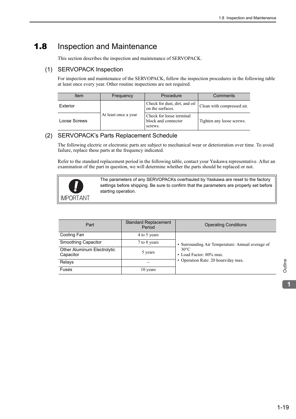 8 inspection and maintenance, 1) servopack inspection, 2) servopack’s parts replacement schedule | Yaskawa Sigma-5 User Manual: Design and Maintenance - Linear Motors User Manual | Page 39 / 318