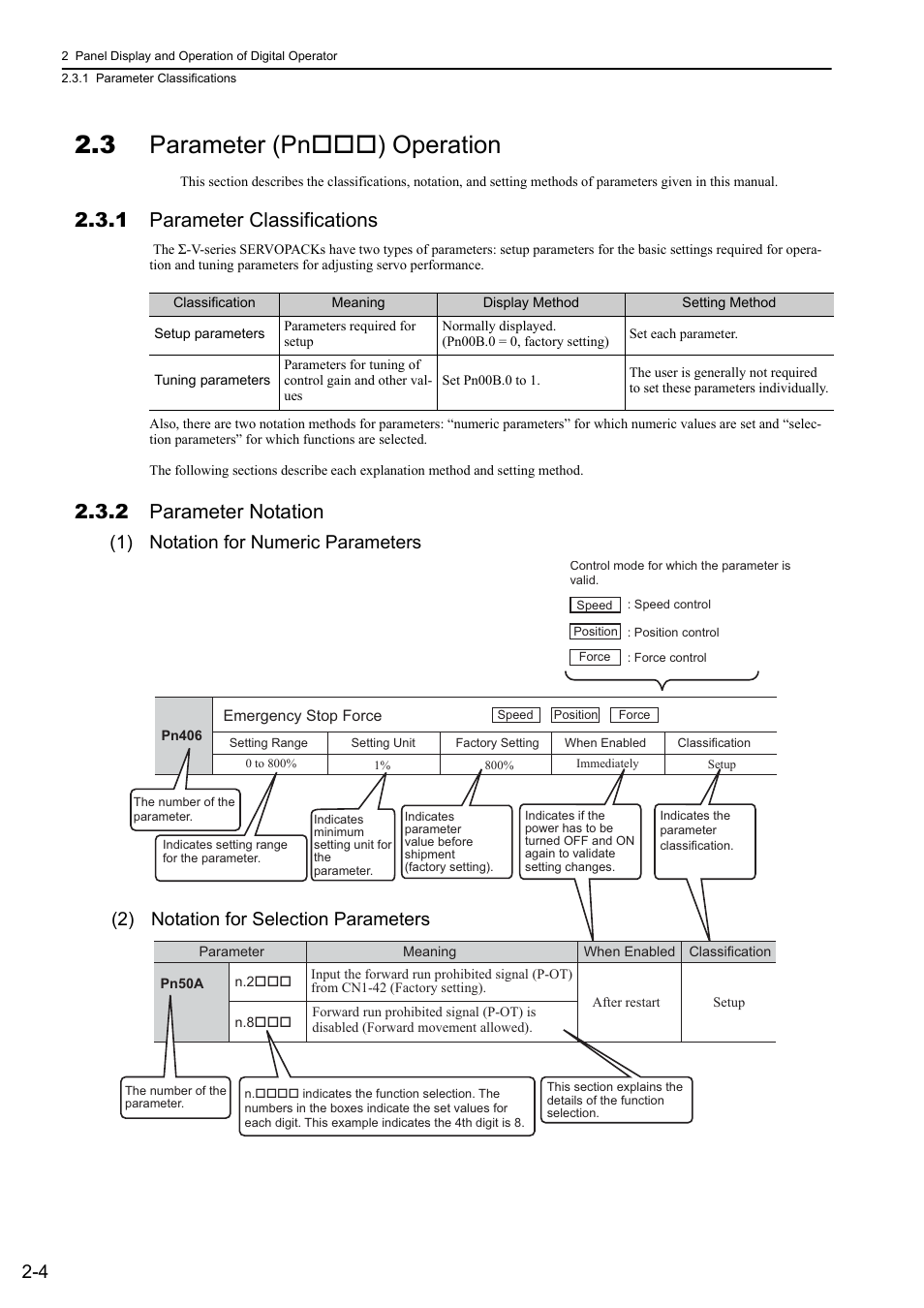 3 parameter (pn*** ) operation, 1 parameter classifications, 2 parameter notation | 3 parameter (pn) operation, 1) notation for numeric parameters, 2) notation for selection parameters | Yaskawa Sigma-5 User Manual: Design and Maintenance - Linear Motors User Manual | Page 43 / 318