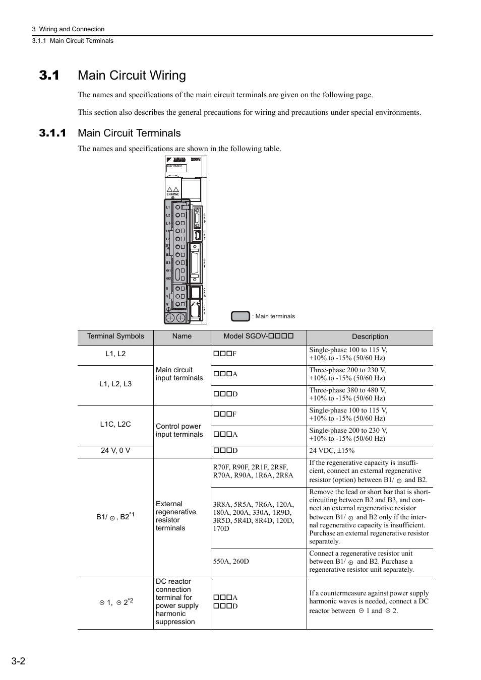 1 main circuit wiring, 1 main circuit terminals | Yaskawa Sigma-5 User Manual: Design and Maintenance - Linear Motors User Manual | Page 48 / 318