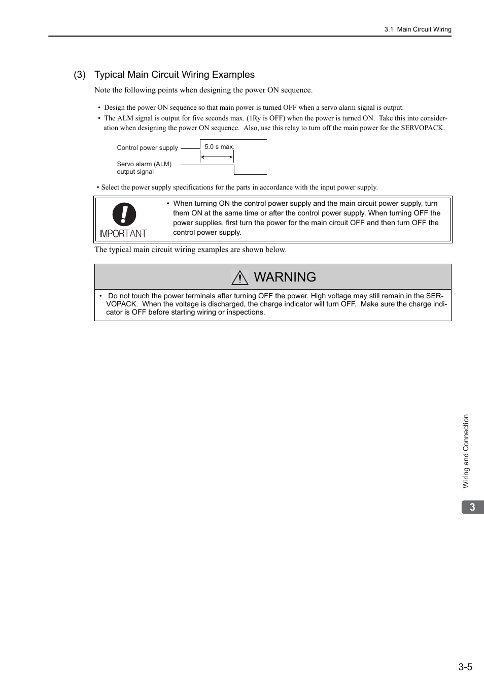 Warning, 3) typical main circuit wiring examples | Yaskawa Sigma-5 User Manual: Design and Maintenance - Linear Motors User Manual | Page 51 / 318